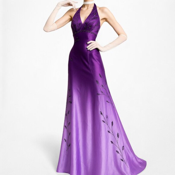 Vintage Purple Gradient Ombre Floral Beaded Satin Bodycon Maxi Dress Size M/L - Picture 1 of 11